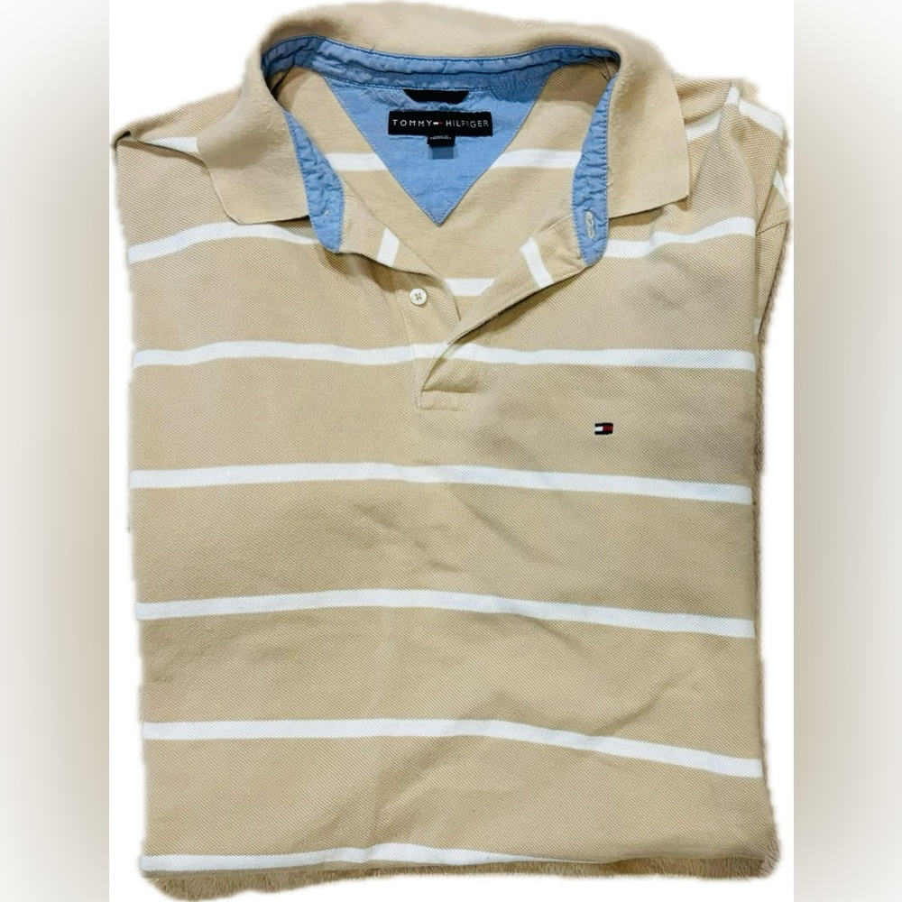 Tommy Hilfiger Tan w/ white stripes Polo
Size XXL